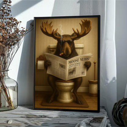Funny Elk Hunting Lodge Moose Bathroom Canvas Wall Art – Wildlife Animal Poster - Unique Gift for Hunters