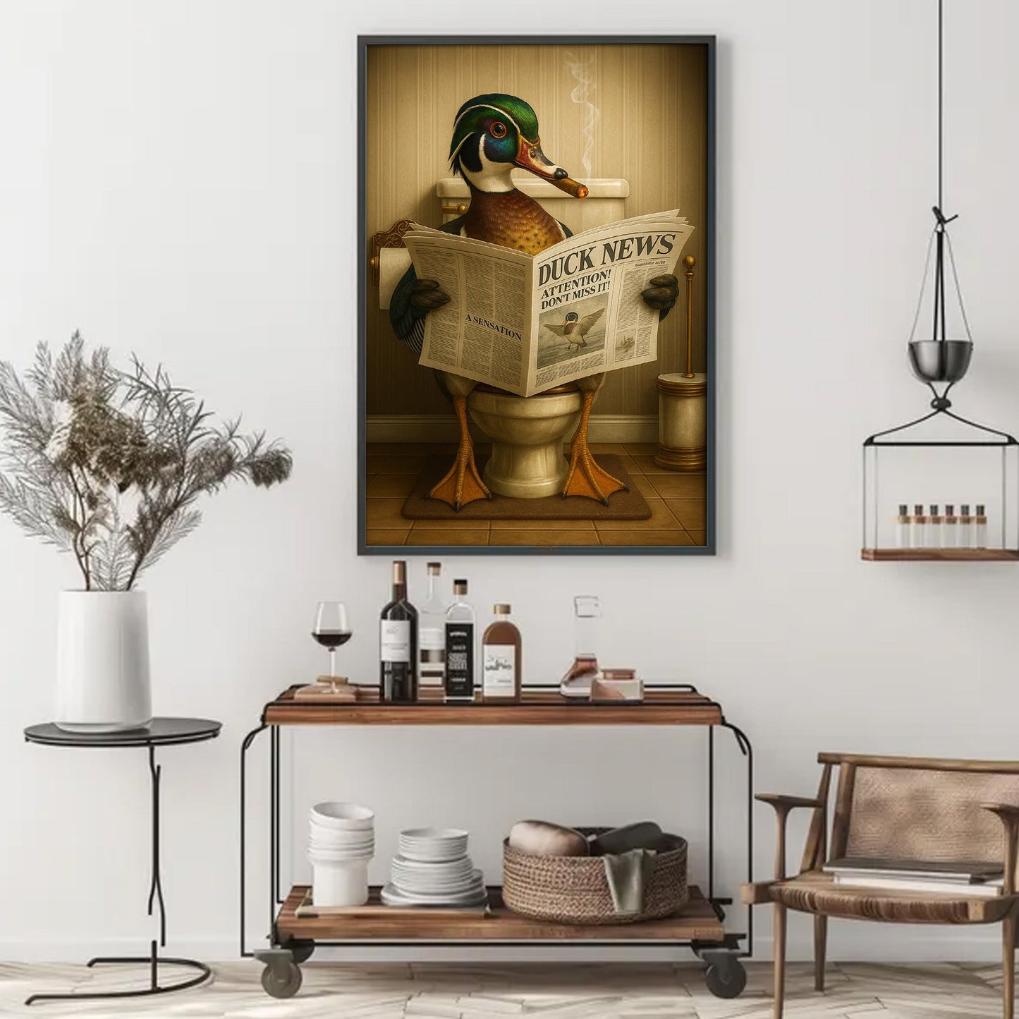 Funny Wood Duck Read Newspaper Bathroom Canvas – Hunting Wildlife Animal Canvas