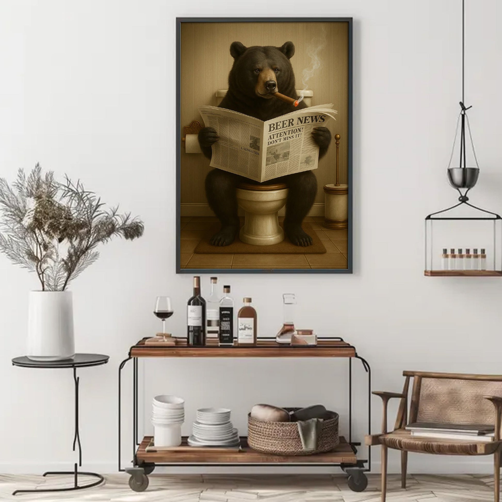 Funny Bear Newspaper Bathroom Canvas Wall Art – Wildlife Animal Poster - Unique Gift for Hunters