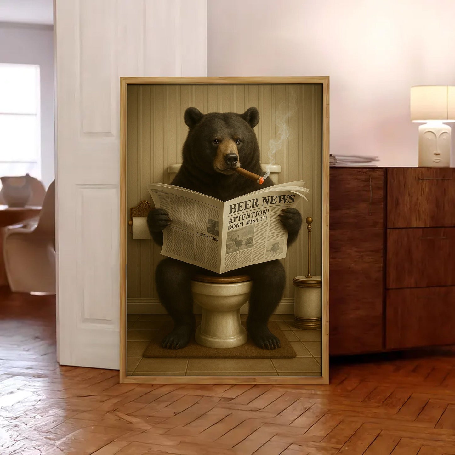 Funny Bear Newspaper Bathroom Canvas Wall Art – Wildlife Animal Poster - Unique Gift for Hunters