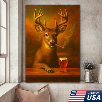 Funny White-Tailed Deer Smoking and Drinking Cocktail Glasses Canvas - Humorous Man Cave Wall Art For Hunters