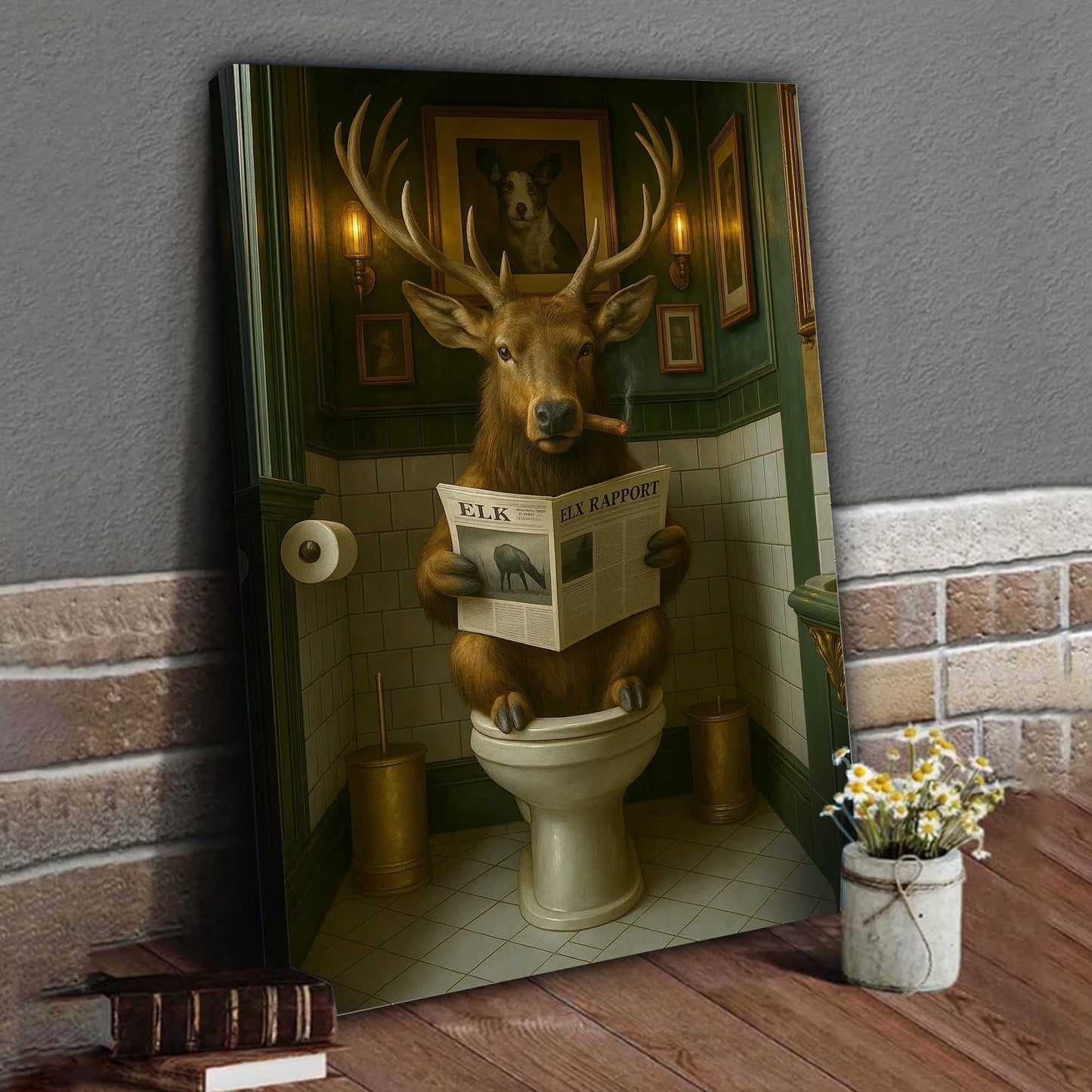 Funny Elk Bathroom Canvas – Smoking-Smoking Deer Reading Newspaper on Toilet