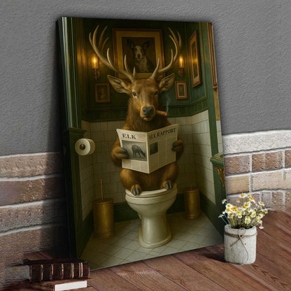 Funny Elk Bathroom Canvas – Smoking-Smoking Deer Reading Newspaper on Toilet