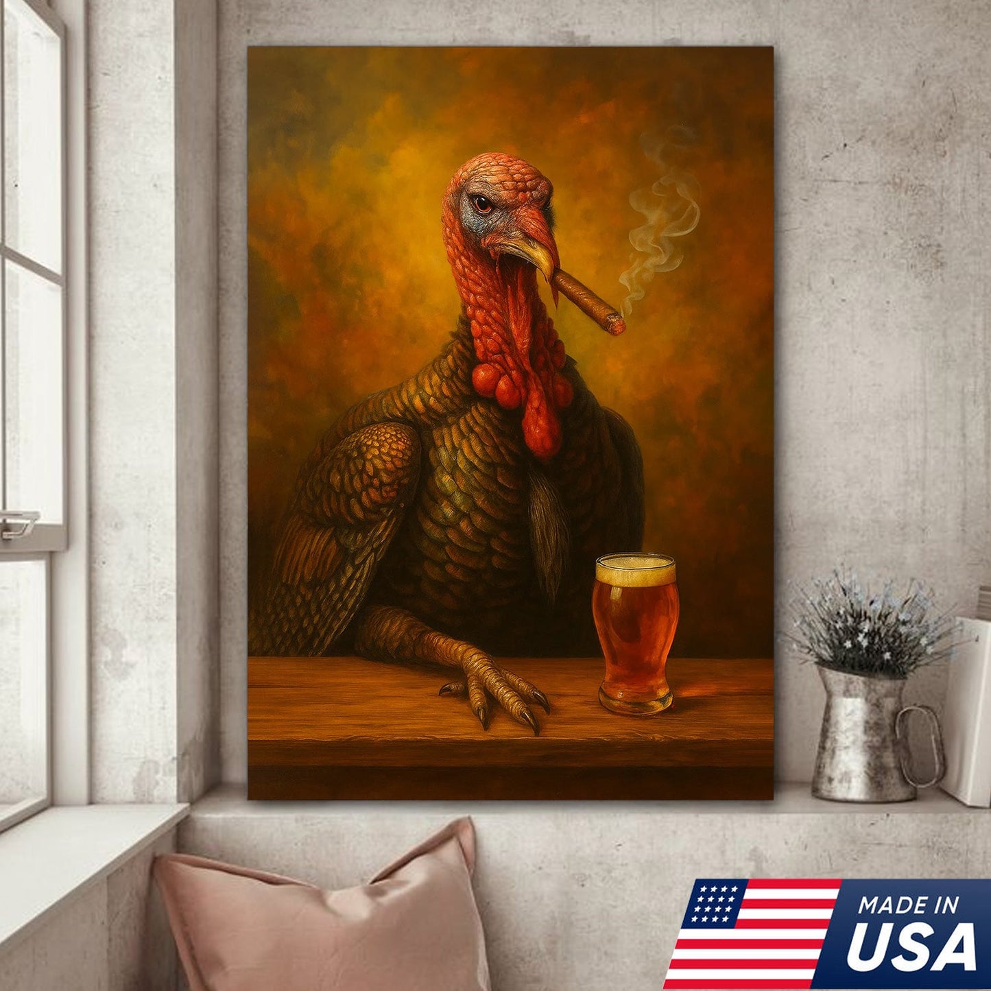 Funny Turkey Drinking Cocktail Glasses and Smoking Canvas – Rustic Farmhouse Wall Art