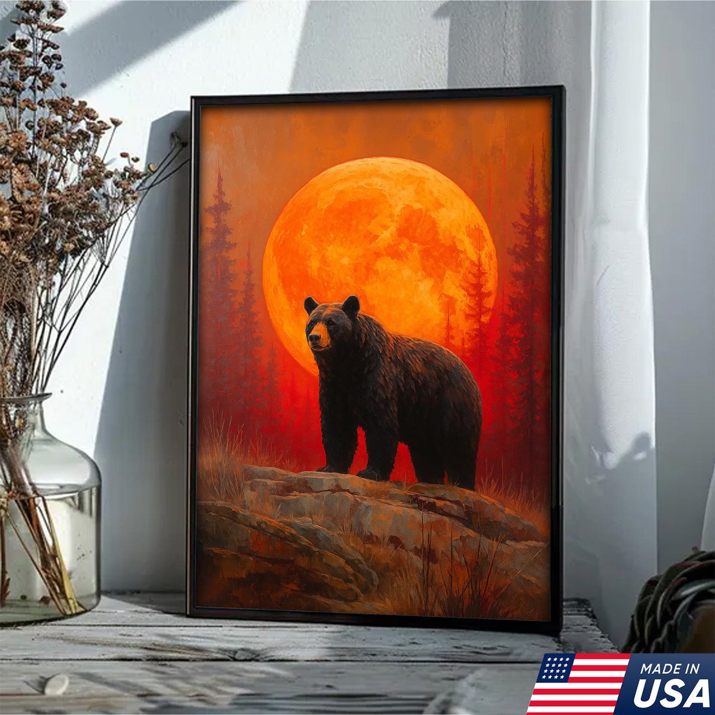 Bear Canvas Wall Art – Majestic Black Bear with Fiery Orange Full Moon