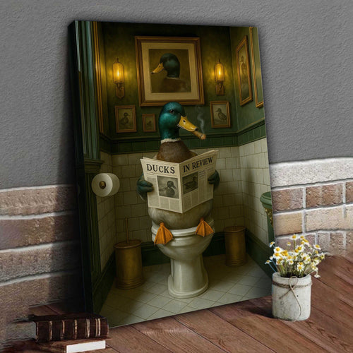 Mallard Duck Toilet Scene Poster Canvas – Smoking-Smoking Duck Reading ‘Ducks in Review’