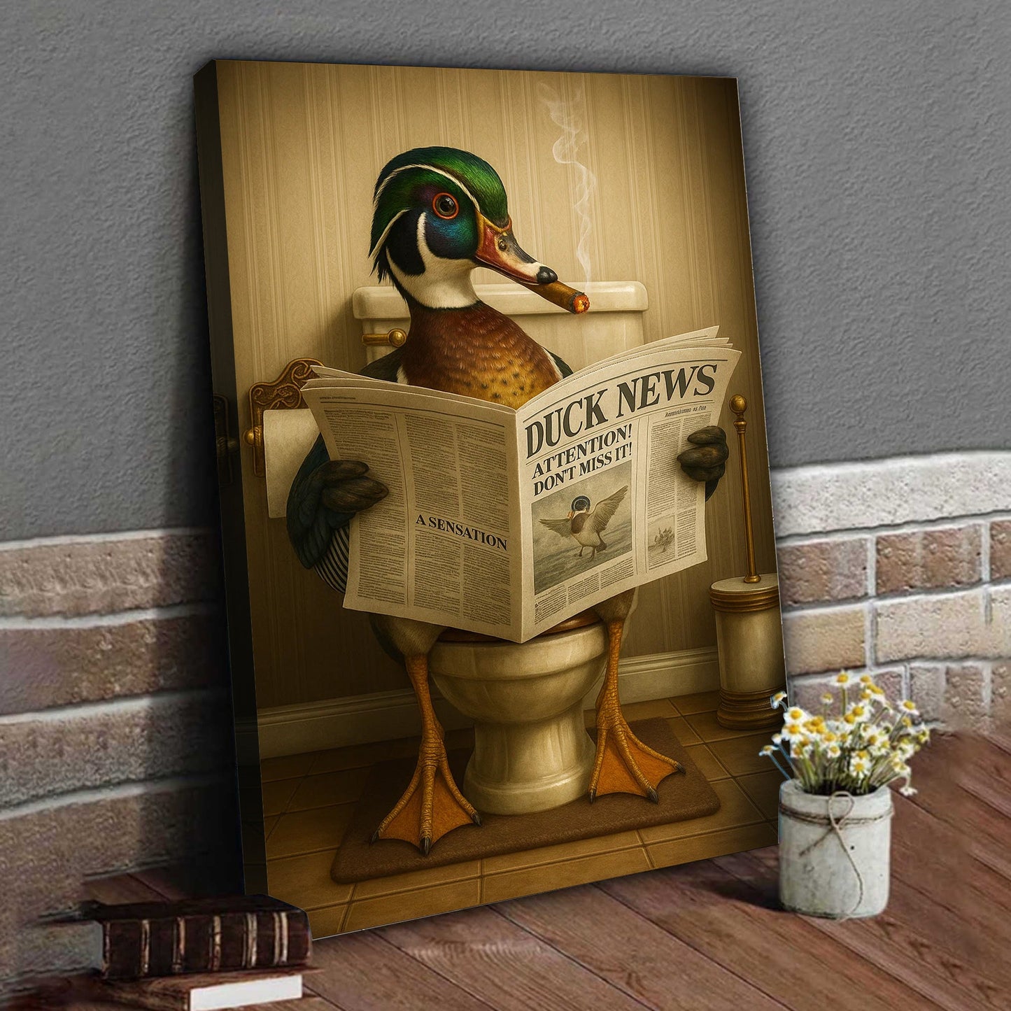 Funny Wood Duck Read Newspaper Bathroom Canvas – Hunting Wildlife Animal Canvas