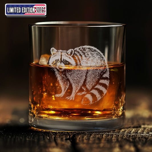 Wildlife Raccoon Engraved Whiskey Glass – Custom Rocks Glass Gift for Hunters & Wildlife Lovers