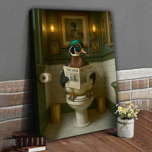 Rustic Duck Bathroom Wall Art Canvas – Wood Duck Reading Newspaper - Lodge Humor Print