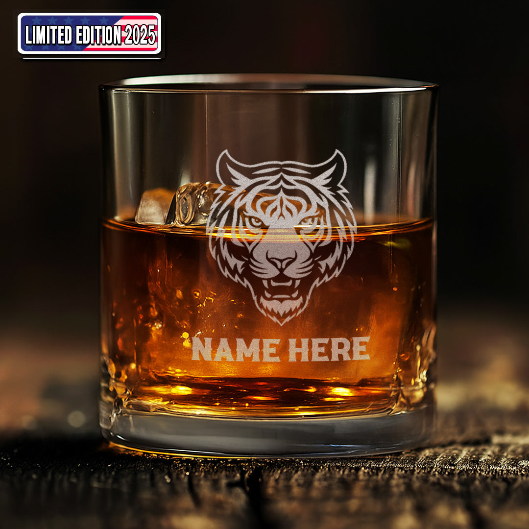 Personalized Tiger Engraved Whiskey Glass – Custom Name Rocks Glass Gift for Bold Drinking Lovers & Hunters