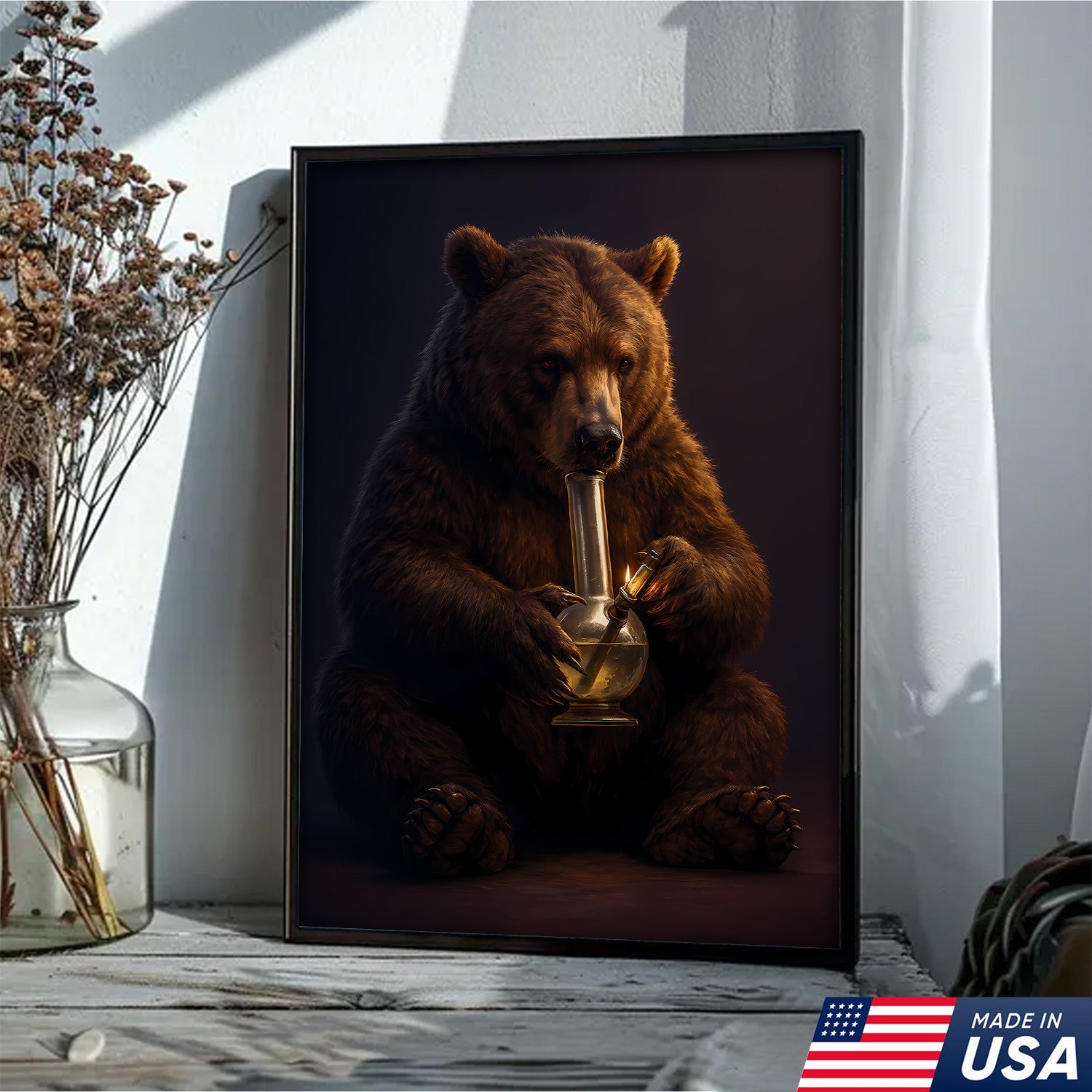Rustic Bear Smoking Canvas Wall Art – Funny Cabin Decor for Hunters & Outdoor Lovers