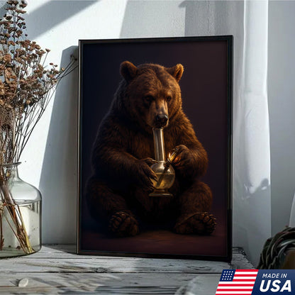 Rustic Bear Smoking Canvas Wall Art – Funny Cabin Decor for Hunters & Outdoor Lovers