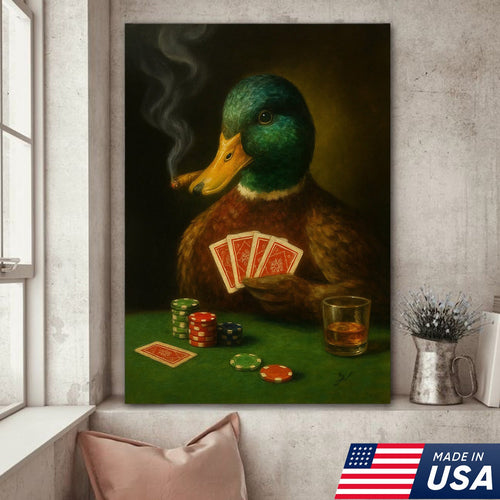 Funny Mallard Duck Canvas Wall Art, Rustic Poker Animal Portrait Playing Cards, Vintage Print