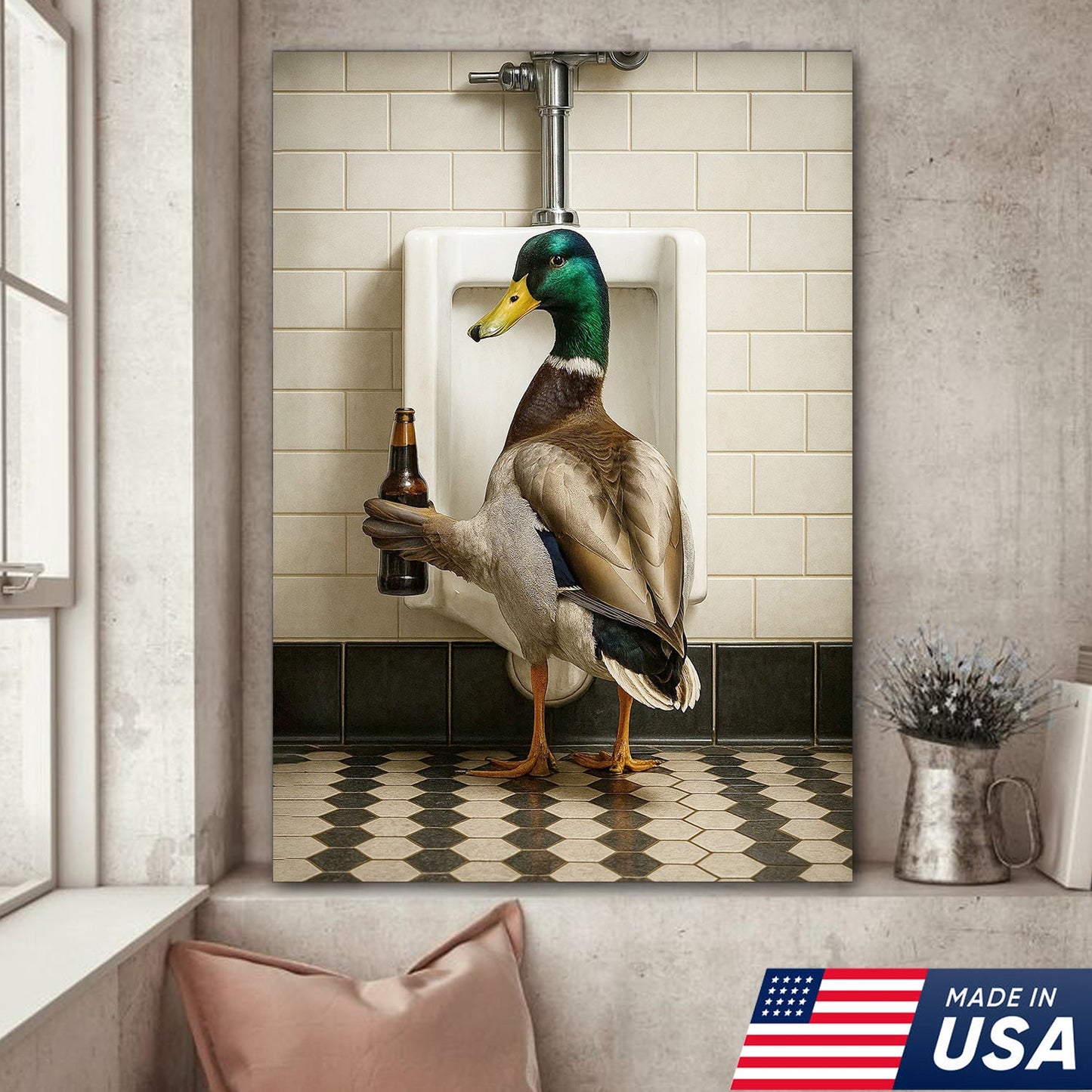 Funny Mallard Duck Holding Beer Bathroom Canvas – Duck at Urinal Wall Art, Rustic Cabin
