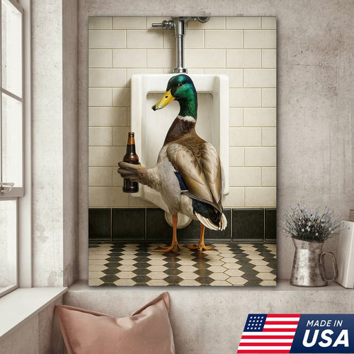 Funny Mallard Duck Holding Beer Bathroom Canvas – Duck at Urinal Wall Art, Rustic Cabin