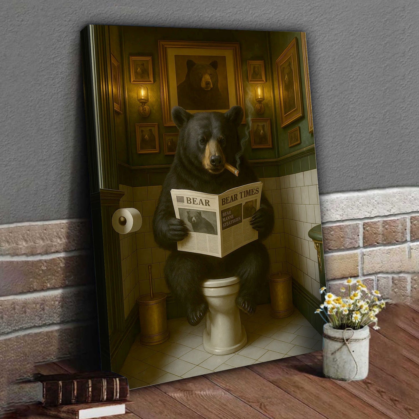 Funny Bear Hunting Bathroom Canvas – Black Bear On Toilet Reading Newspaper