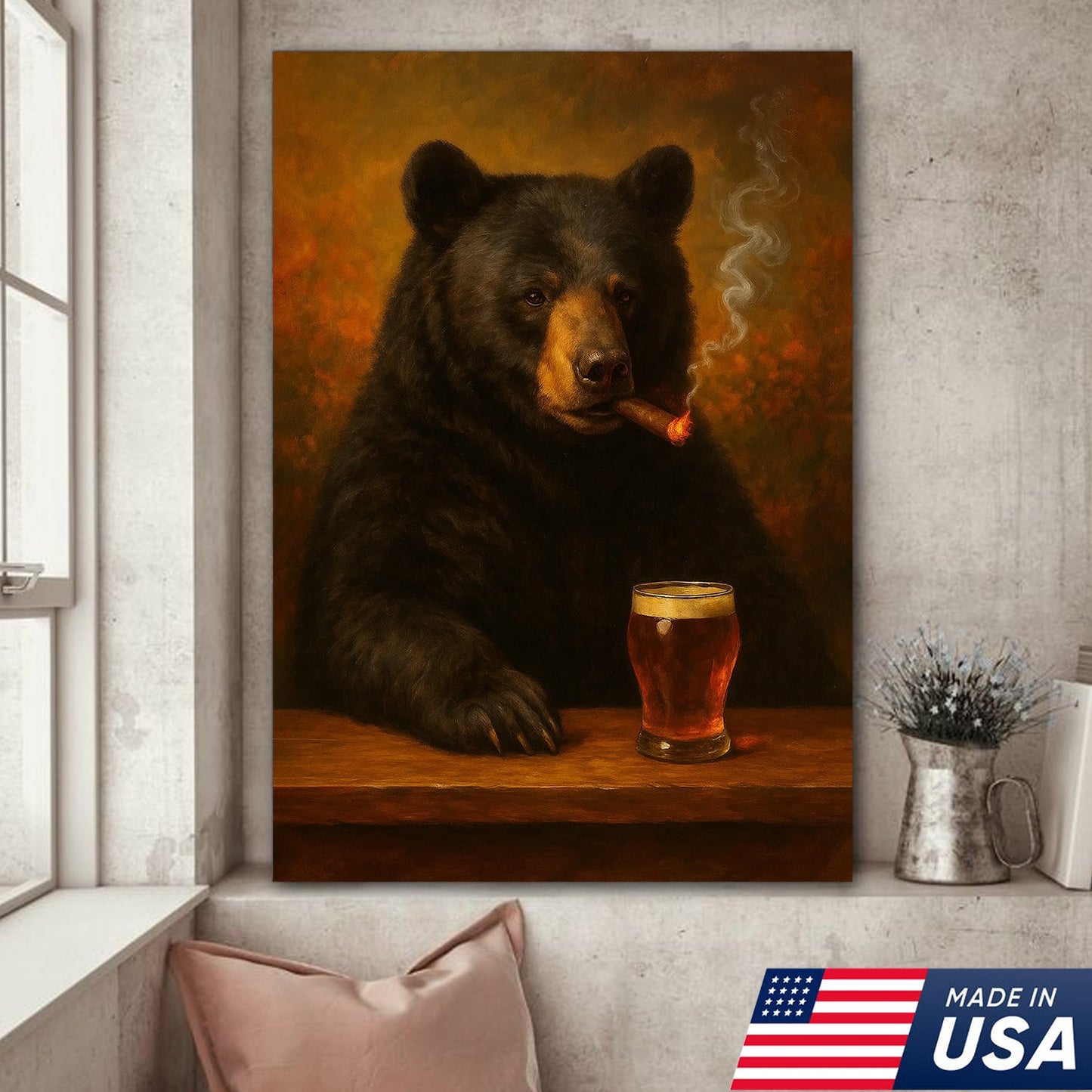 Funny Bear Drinking Cocktail Glasses & Smoking Canvas Wall Art - Rustic Bar