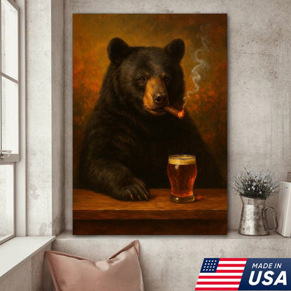 Funny Bear Drinking Cocktail Glasses & Smoking Canvas Wall Art - Rustic Bar