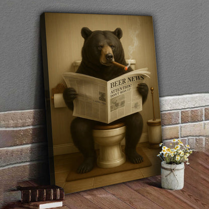 Funny Bear Newspaper Bathroom Canvas Wall Art – Wildlife Animal Poster - Unique Gift for Hunters