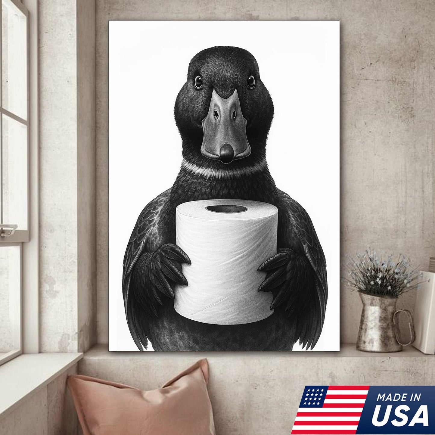 Mallard Duck Canvas Wall Art, Funny Animal Portrait Holding Toilet Paper, Bathroom Decor Print