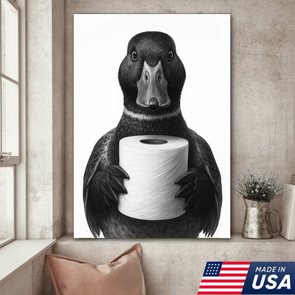 Mallard Duck Canvas Wall Art, Funny Animal Portrait Holding Toilet Paper, Bathroom Decor Print