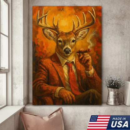 Deer Smoking Canvas, Buck Wall Art Print in Suit for Man Cave, Rustic Hunting Cabin