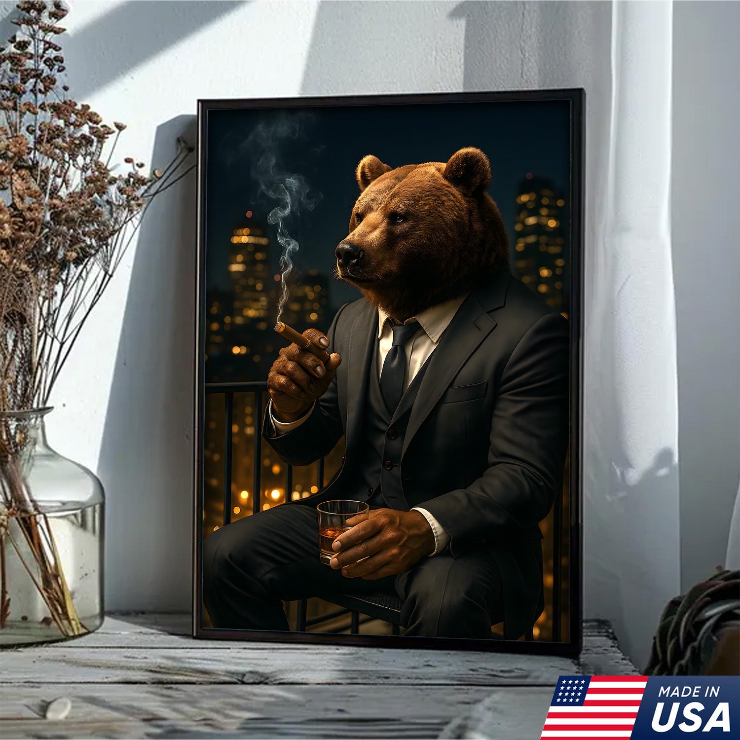 Boss Bear Wall Art – Suited Animal Smoking Canvas, Whiskey Lounge Decor, Alpha Man Gift