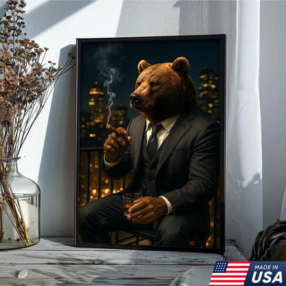 Boss Bear Wall Art – Suited Animal Smoking Canvas, Whiskey Lounge Decor, Alpha Man Gift