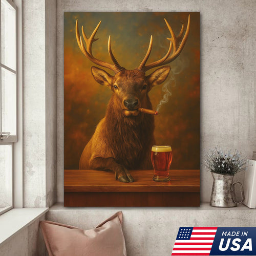 Funny Elk Drinking Cocktail Glasses & Smoking Canvas Wall Art - Rustic Hunting Perfect Gift for Hunters