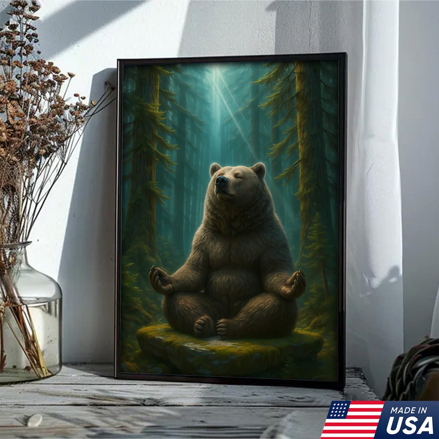 Zen Bear Wall Art – Meditating Bear Canvas for Cabin, Nature Lovers & Rustic Home Decor