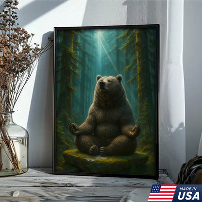 Zen Bear Wall Art – Meditating Bear Canvas for Cabin, Nature Lovers & Rustic Home Decor