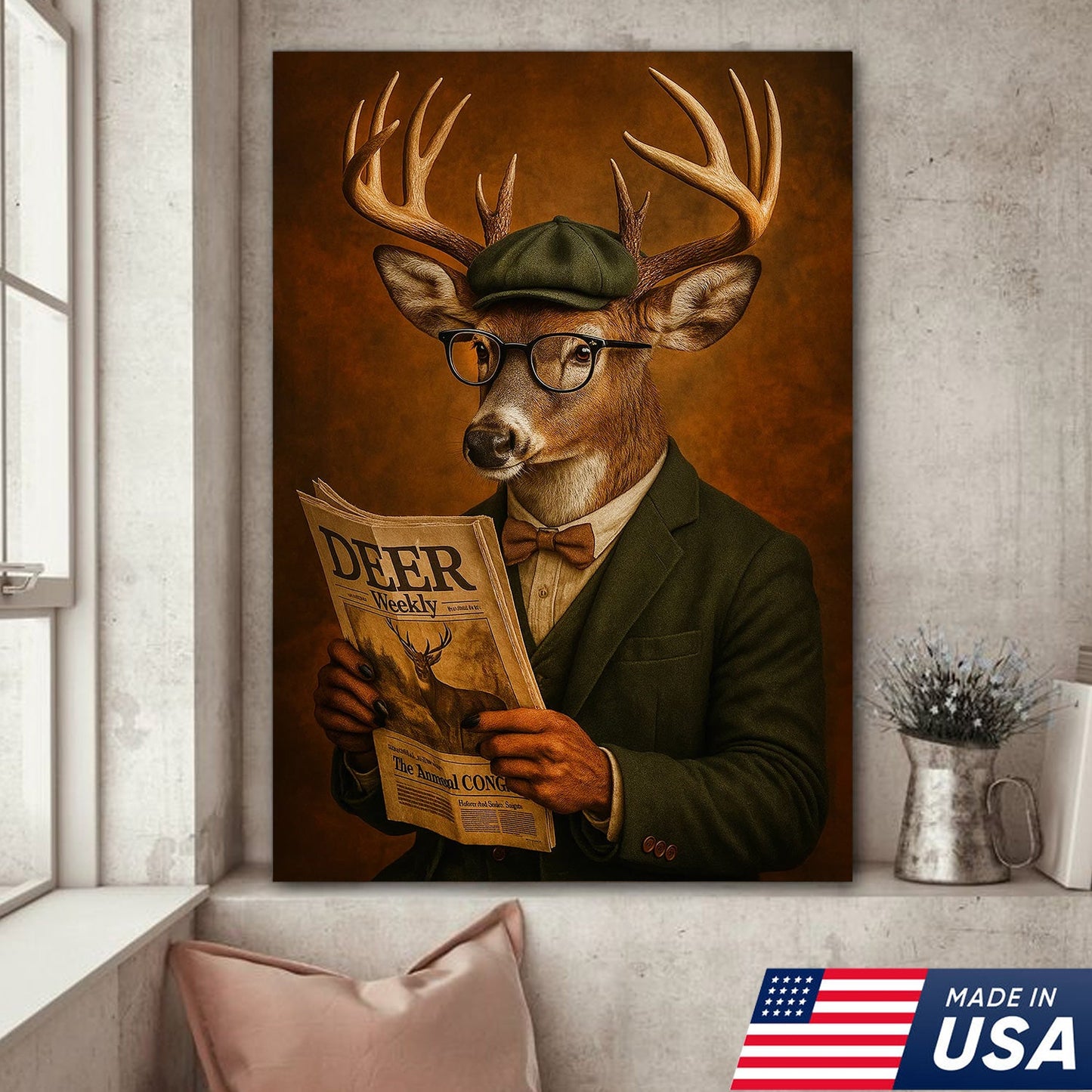 Funny Deer Gentleman Reading Newspaper Canvas – Rustic Hunting Lodge Wall Art
