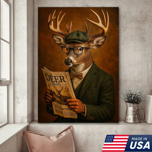 Funny Deer Gentleman Reading Newspaper Canvas – Rustic Hunting Lodge Wall Art