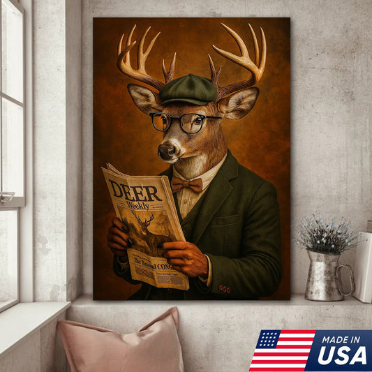 Funny Deer Gentleman Reading Newspaper Canvas – Rustic Hunting Lodge Wall Art