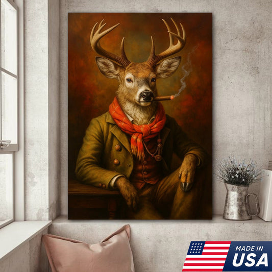 Vintage Deer Canvas Wall Art - Gentleman Stag with Smoking Wall Decor – Rustic Hunting Lodge