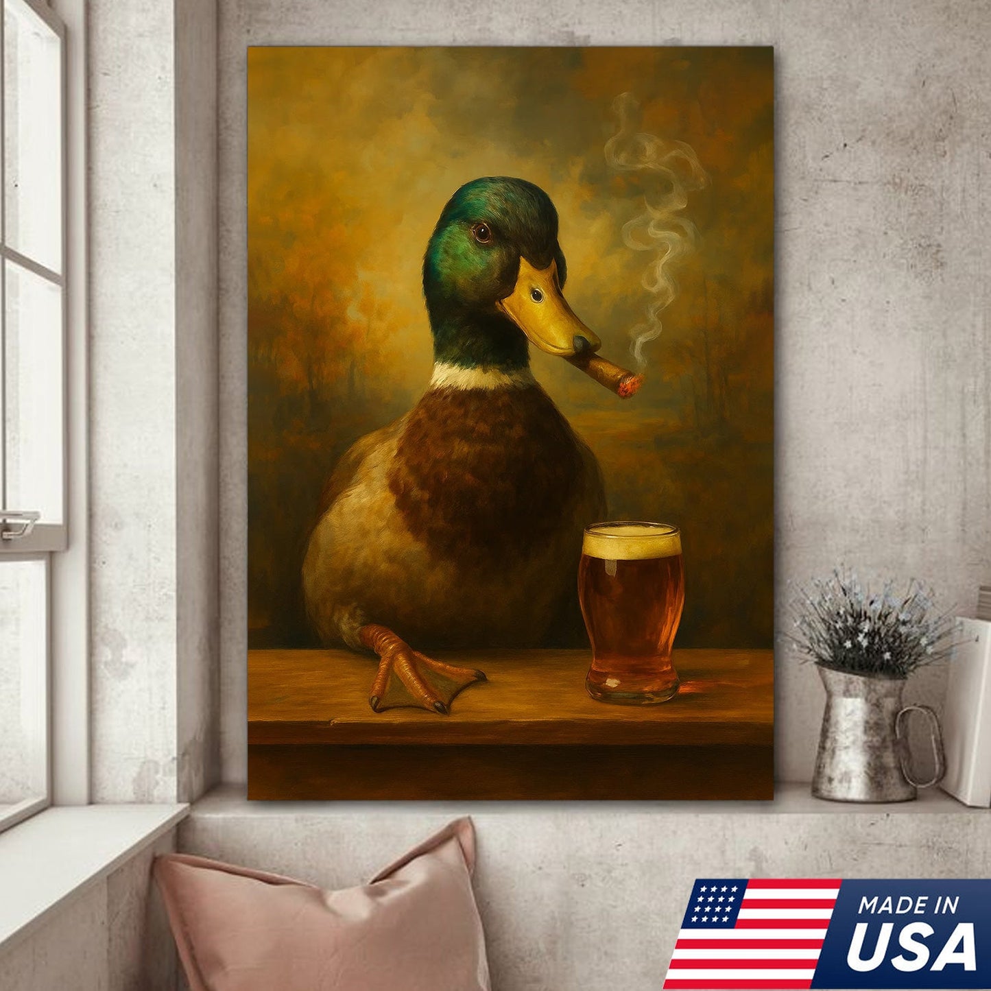 Funny Mallard Duck Smoking & Drinking Cocktail Glasses Canvas Wall Art - Rustic Hunting Perfect Gift for Hunters