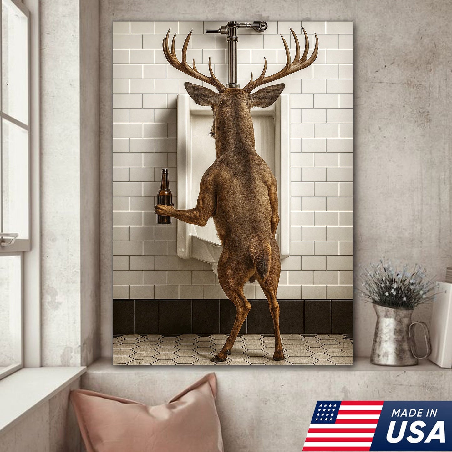 Deer Holding Beer and Standing at the Urinal Canvas – Hilarious Bathroom Wall Art