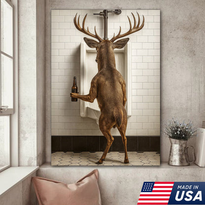 Deer Holding Beer and Standing at the Urinal Canvas – Hilarious Bathroom Wall Art