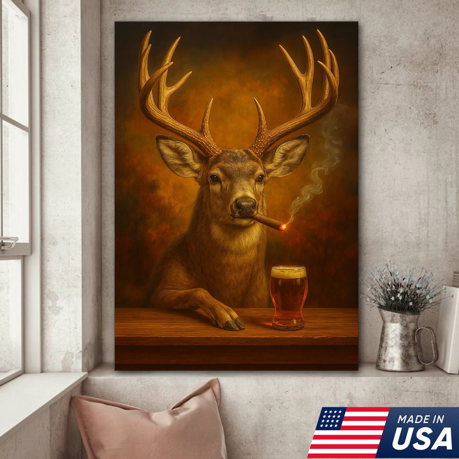Muke Deer With Smoking & Cocktail Glasses Canvas – Funny Hunting Lodge Wall Art Perfect Gift for Hunters