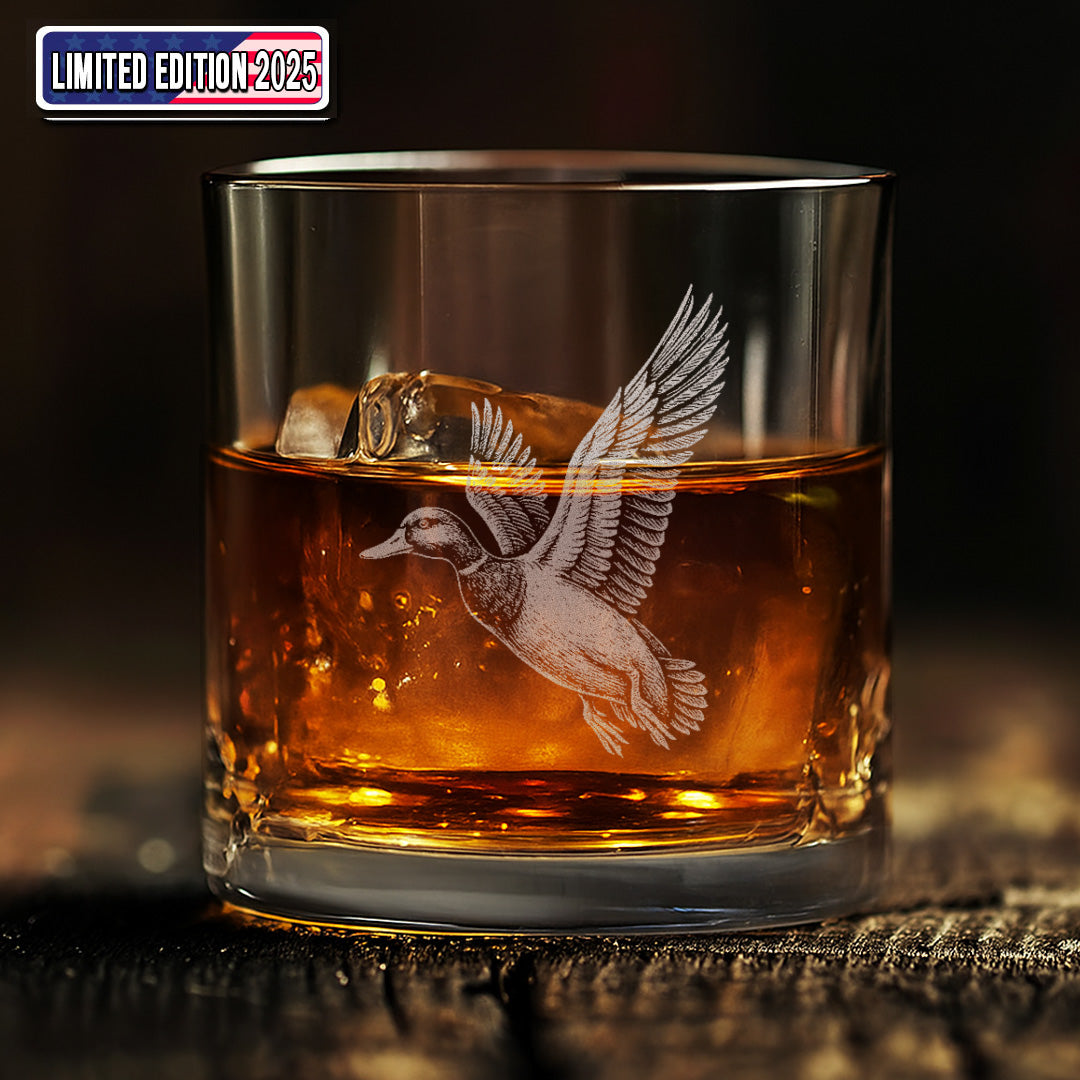 Duck Hunting Whiskey Glass – Custom Engraved Flying Duck Whiskey Glass Gift for Waterfowl Hunters 2025
