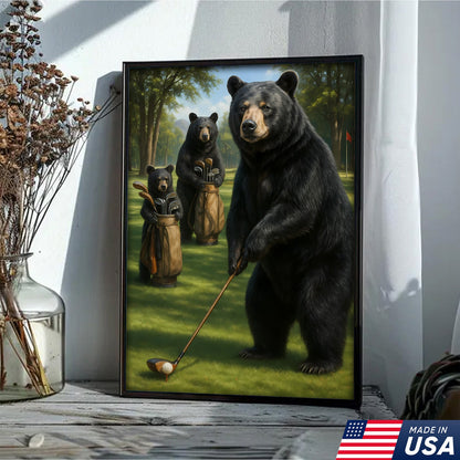 Funny Bear Golf Canvas – Rustic Cabin Wall Art Gift for Hunters, Golf Lovers & Man Caves
