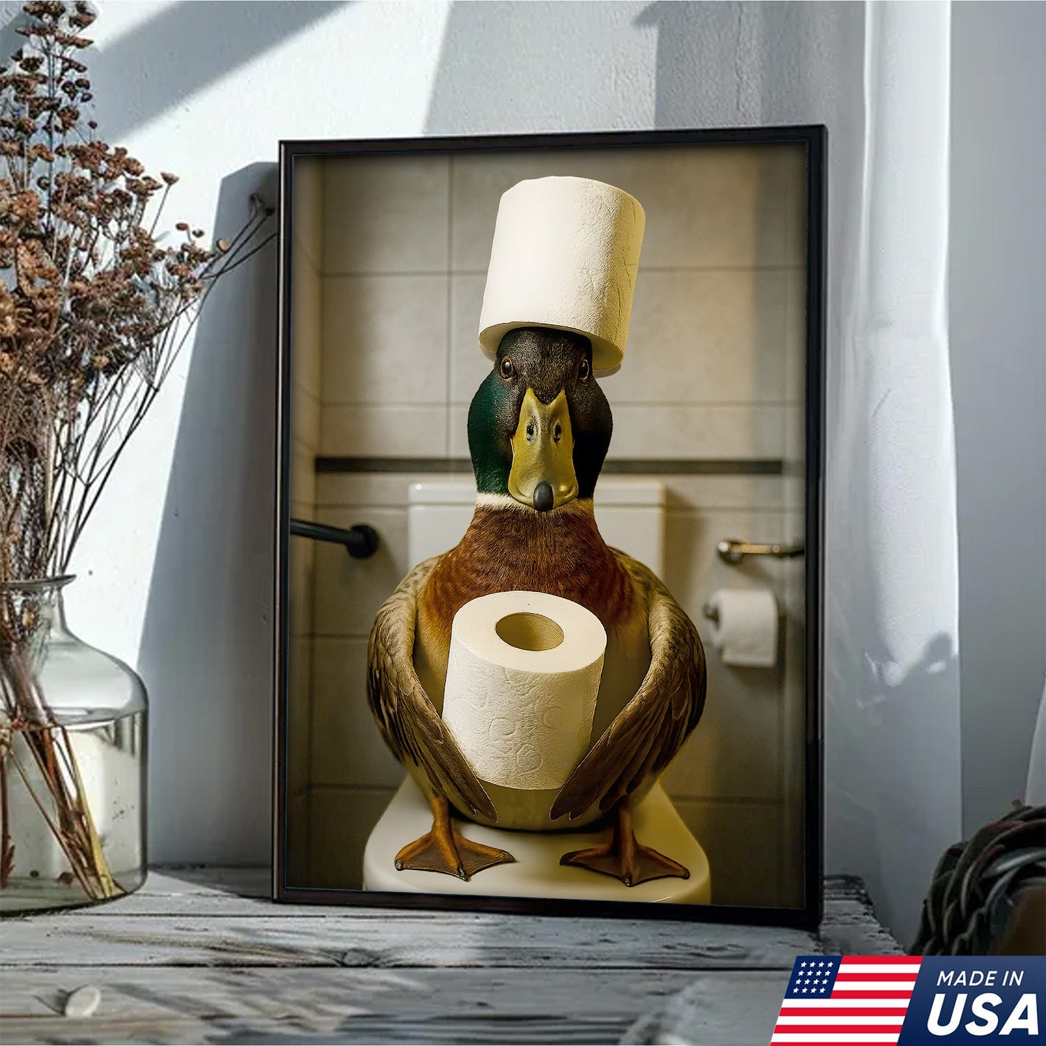 Funny Duck Bathroom Canvas Wall Art – Rustic Toilet Canvas for Cabin, Lodge & Man Cave Decor