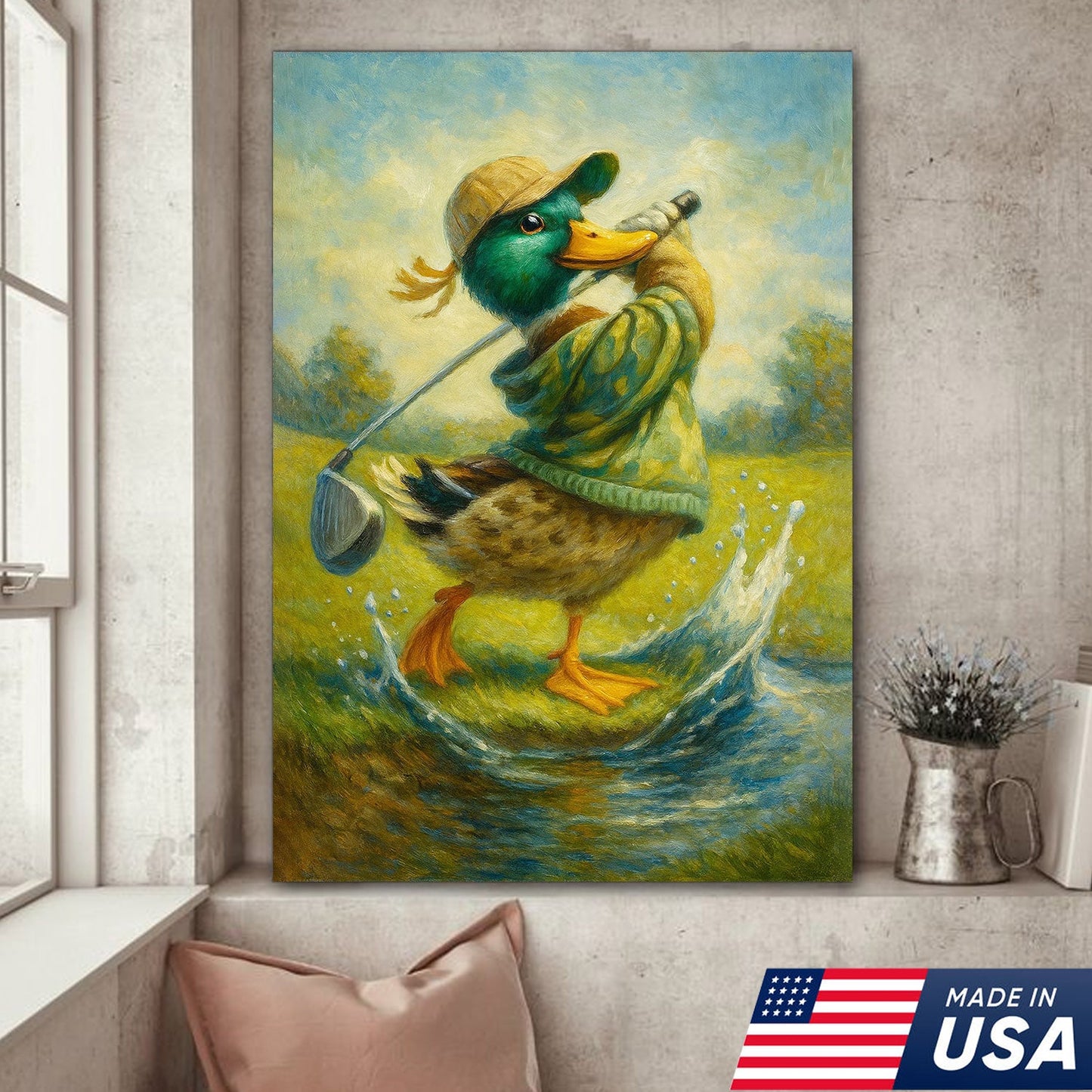 Funny Duck Playing Golf Canvas Wall Art – Rustic Sports Lodge Decor, Man Cave & Golfer Gift