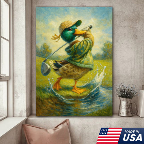 Funny Duck Playing Golf Canvas Wall Art – Rustic Sports Lodge Decor, Man Cave & Golfer Gift