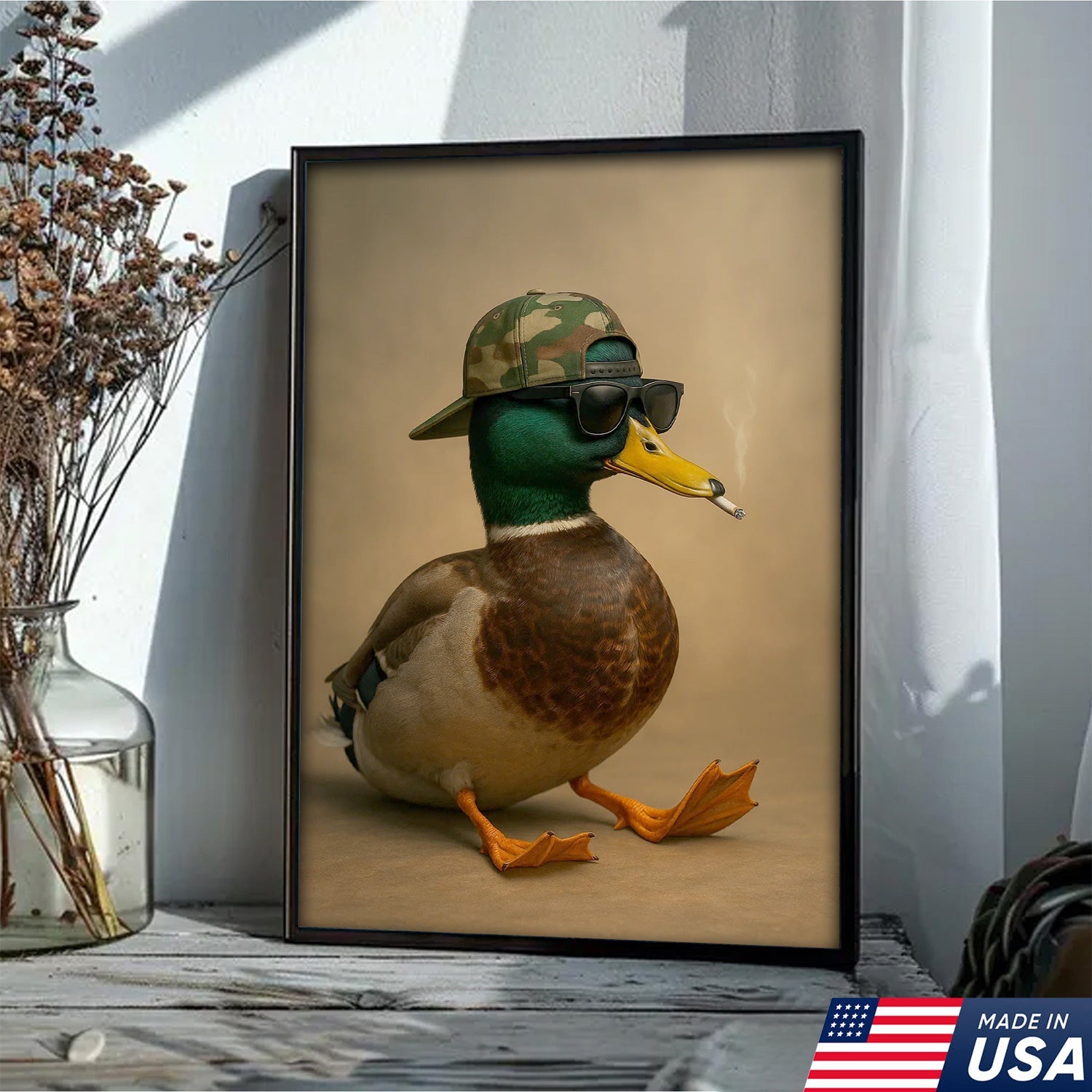 Cool Mallard Duck with Camo Hat Wall Art – Funny Hunting Canvas Print
