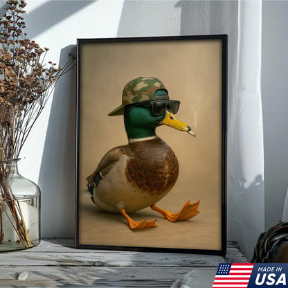 Cool Mallard Duck with Camo Hat Wall Art – Funny Hunting Canvas Print
