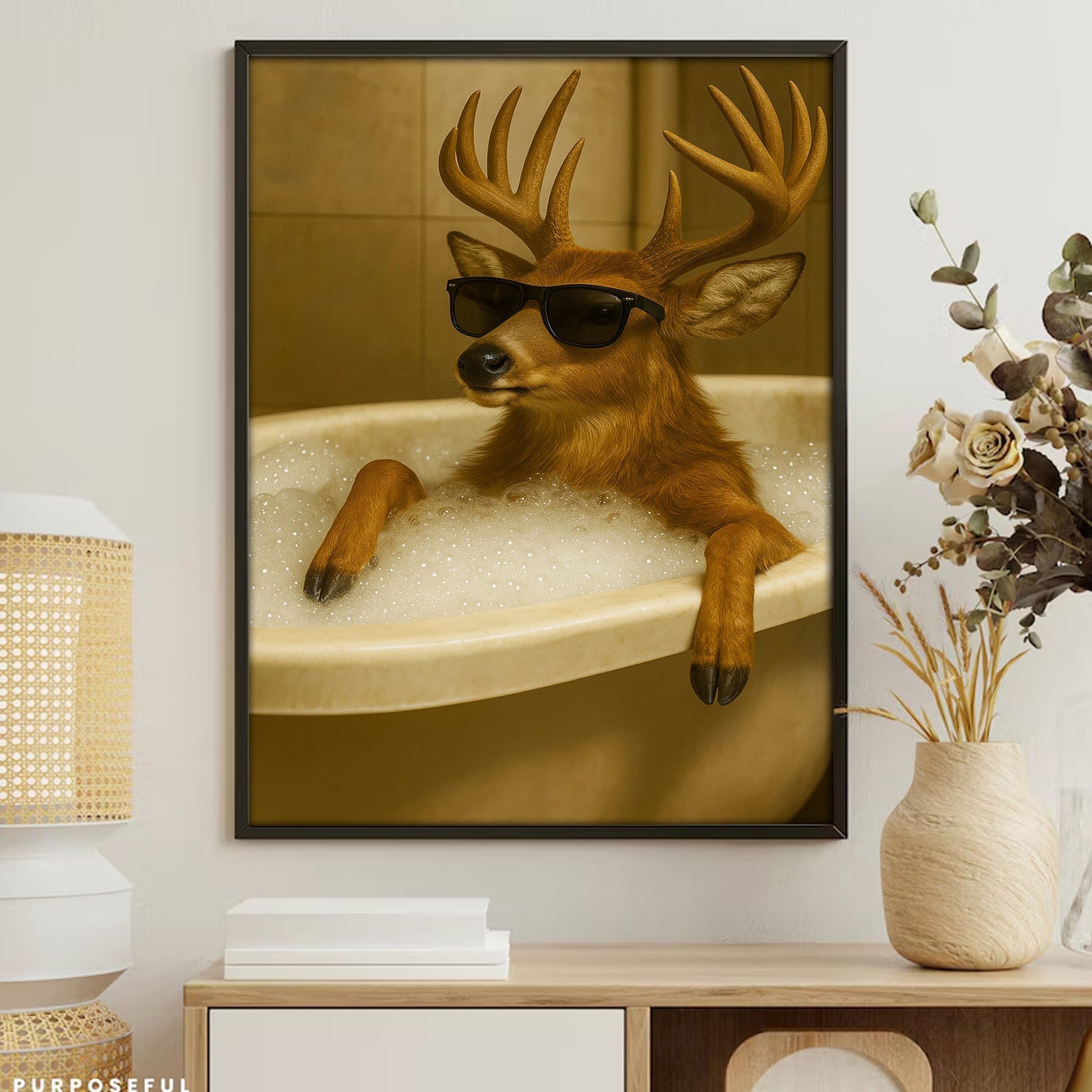 Funny Deer Wall Art – Cool Buck in Bathtub Poster for Hunters & Rustic Cabin Decor