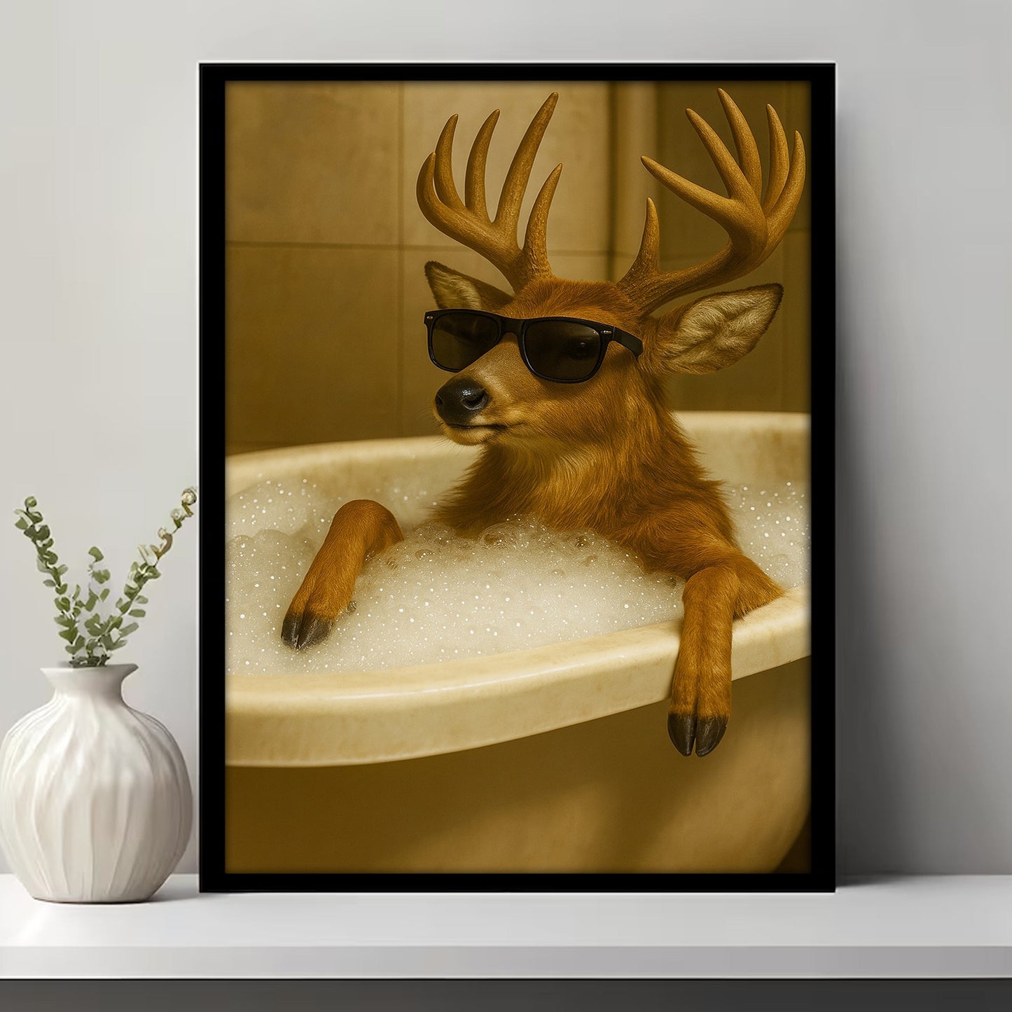 Funny Deer Wall Art – Cool Buck in Bathtub Poster for Hunters & Rustic Cabin Decor