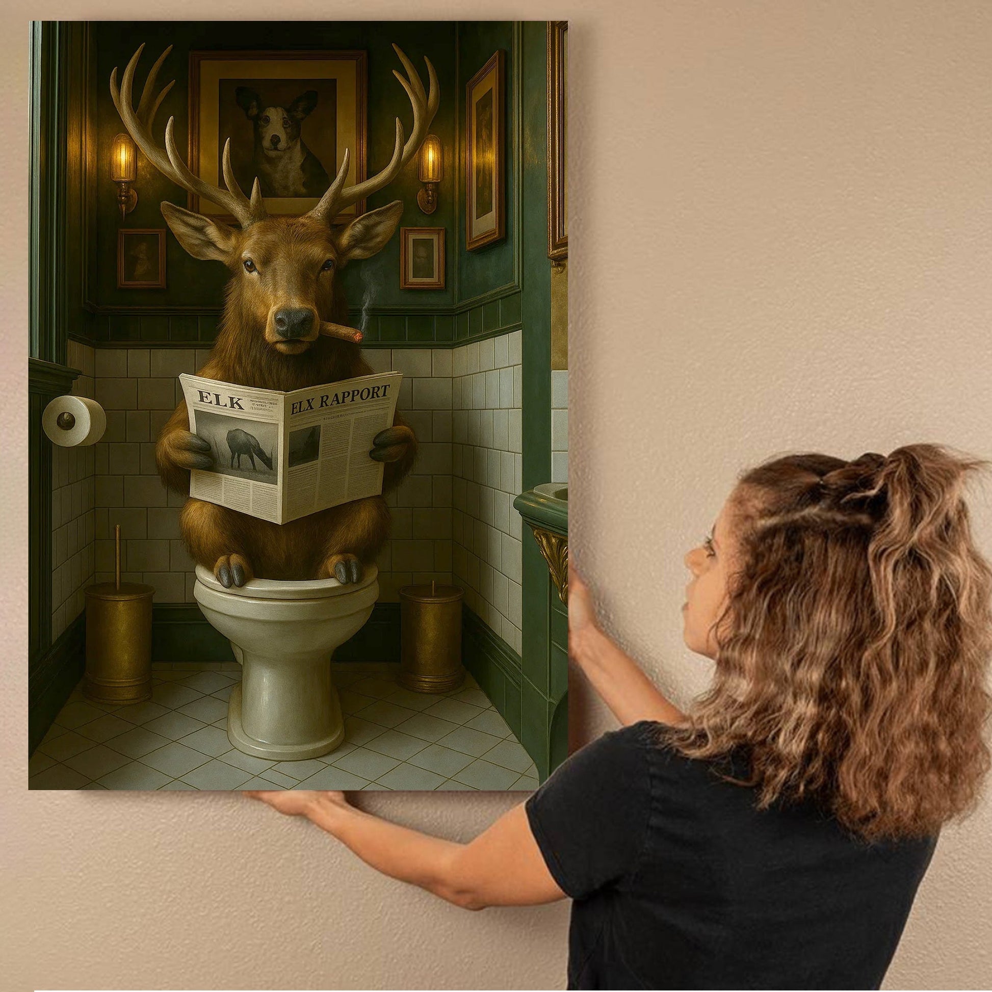 Funny Elk Bathroom Canvas – Smoking-Smoking Deer Reading Newspaper on Toilet