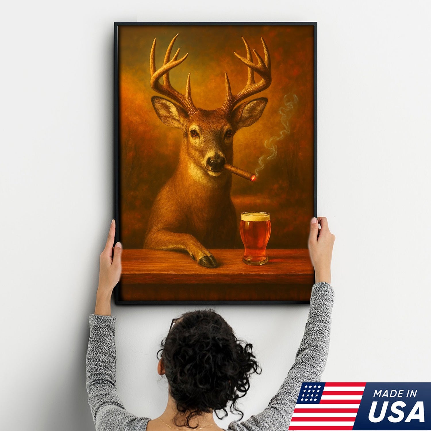 Funny White-Tailed Deer Smoking and Drinking Cocktail Glasses Canvas - Humorous Man Cave Wall Art For Hunters
